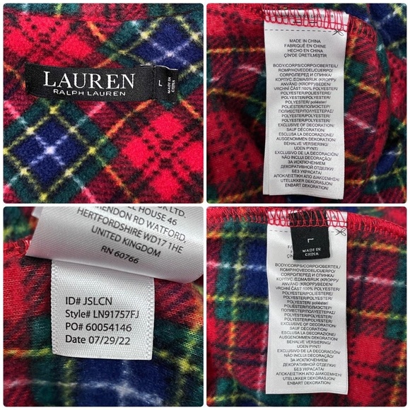 Lauren Ralph Lauren Long Sleeve Notch Collar Red Plaid Fleece Pajama Set Size L - Picture 8 of 8